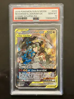 2019 POKEMON SUN & MOON COSMIC ECLIPSE #222 FULL ART/RESHIRAM & ZEKROM GX PSA 10 - Image 1