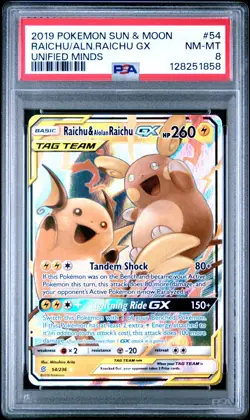 PSA 8 NM/MT 2019 POKEMON SUN & MOON UNIFIED MINDS #220 RAICHU/ALN.RAICHU GX FA - Image 1