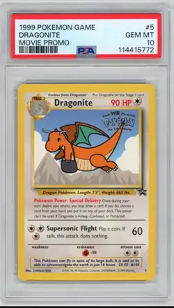 1999 Pokemon the First Movie Dragonite #5 WB Stamped Black Star Promo PSA 10 - Image 1
