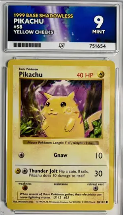 Pokemon TCG Pikachu Base Set 58/102 SHADOWLESS Yellow Cheeks - Ace 9 Mint! - Image 1
