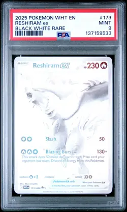 2025 POKEMON WHT EN-WHITE FLARE BLACK WHITE RARE #173 RESHIRAM EX PSA 9 - Image 1
