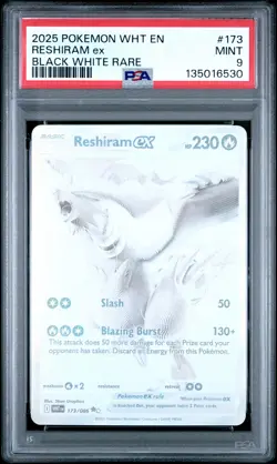 2025 POKEMON WHT EN-WHITE FLARE BLACK WHITE RARE #173 RESHIRAM EX PSA 9 - Image 1