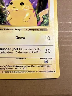 Pokemon Pikachu Card 58/102 Yellow Cheeks, WOTC 1999, Base Set, Shadowless - Image 3