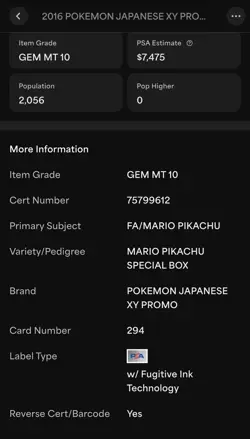 Pokemon Mario Pikachu Special Bx. Japanese Full Art Promo 294/XY-P PSA 10 - Image 4