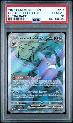 2025 POKEMON DESTINED RIVALS 217 TEAM ROCKET'S CROBAT EX ULTRA RARE PSA 10 - Image 1