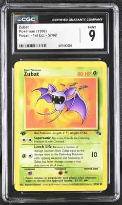 Pokemon Card Zubat 57/62 1st Edition Fossil 1999 CGC 9 MINT - Image 1