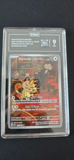 Team Rocket's Meowth 203/182 Destined Rivals IR TAG Graded 9 Mint Pokemon Card - Image 1