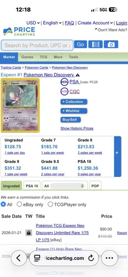 Pokemon Espeon 1/75 Holo Rare Neo Discovery Unlimited Stage 1 TCG Card 2001 - Image 3