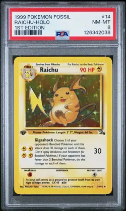 1999 POKEMON FOSSIL 1ST ED #14 RAICHU-HOLO PSA 8 - Image 1