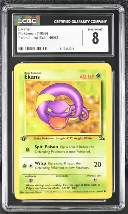 Pokemon Card Ekans 46/62 1st Edition Fossil 1999 CGC 8 NM/MINT - Image 1