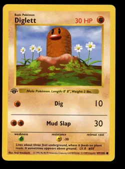 1999 WOTC POKEMON BASE SET SHADOWLESS 1ST EDITION DIGLETT 47/102 COMMON LP-NM - Image 1
