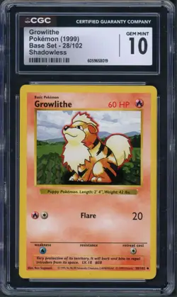 Pokemon CGC 10 Gem Mint Shadowless Base Set Uncommon Growlithe 28/102 - Image 1