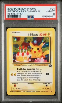2000 WOTC POKEMON LEAGUE BIRTHDAY PIKACHU #24 HOLO BLACK STAR PROMO PSA 8 NM-MT - Image 1