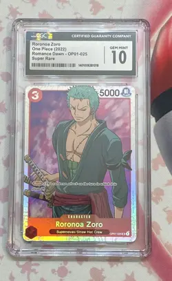 One Piece Card Game OP01, Romance Dawn, Roronoa Zoro SR OP01-025 English CGC 10 - Image 1