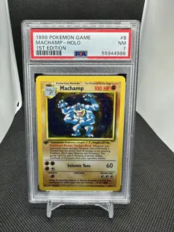 1999 Pokemon Game Base Set 1st Edition #8 Machamp Holo Rare PSA 7 - Image 1