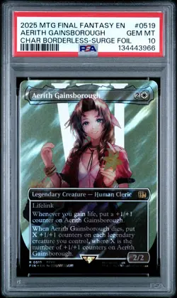 2025 MTG FINAL FANTASY BORDERLESS-SURGE FOIL #0519 AERITH GAINSBOROUGH PSA 10 - Image 1