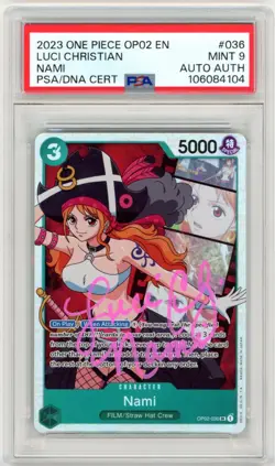 PSA 9 Signed 2023 One Piece Nami Paramount War OP02-036 SR Luci Christian - Image 1