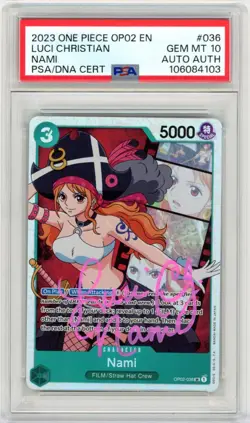 PSA 10 Signed 2023 One Piece Nami Paramount War OP02-036 SR Luci Christian - Image 1