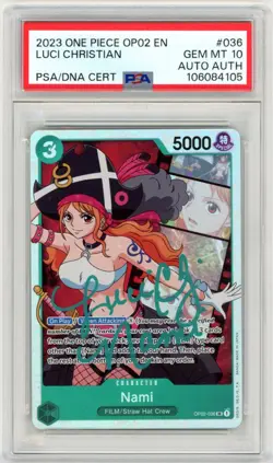 PSA 10 Signed 2023 One Piece Nami Paramount War OP02-036 SR Luci Christian - Image 1