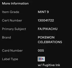 2021 Pokemon Celebrations Pikachu Full Art Holo PSA 9 Mint 005/025 - Image 2