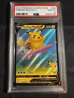2021 Pokemon Celebrations Surfing Pikachu V HOLO RARE PSA 10 MINT #008 FULL ART - Image 1