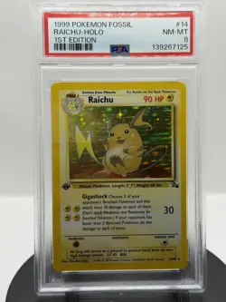 1999 POKEMON FOSSIL 1ST EDITION #14/62 RAICHU- HOLO PSA 8 NM MINT **VINTAGE** - Image 1