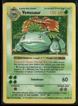 Shadowless Venusaur 15/102 Base Set WoTC Pokemon Card Holo Foil Rare HP - Image 1