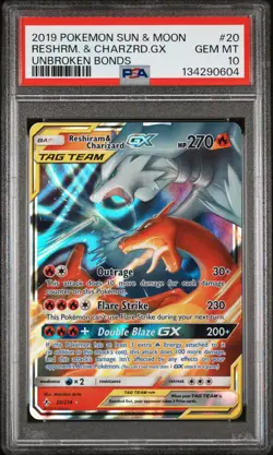 2019 POKEMON SUN & MOON UNBROKEN BONDS #20 RESHIRAM & CHARIZARD GX PSA 10 - Image 1