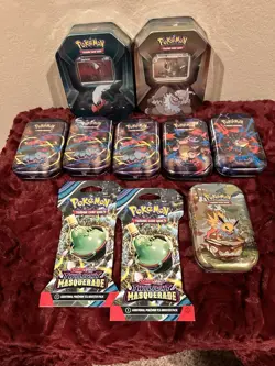 Pokemon TCG Bundle Sealed Mini Tins, 2 Twilight Masquerade Packs, 2 Mega Tins - Image 1
