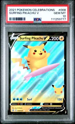 Pokemon Cards Surfing Pikachu V 008/025 Full Art Celebrations - PSA 10 GEM MINT - Image 1