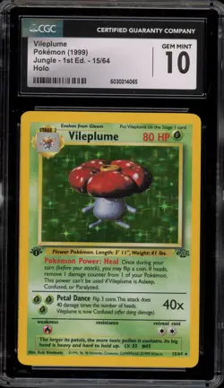 Pokemon Vileplume Jungle 1st Edition Holo Rare #15 CGC 10 Gem Mint - Image 1