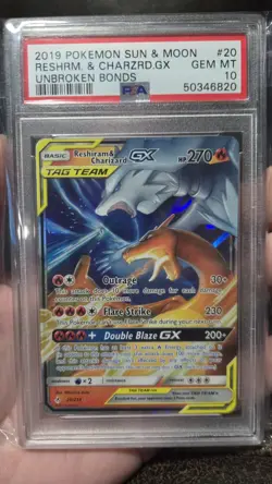 2019 POKEMON SUN & MOON UNBROKEN BONDS #20 RESHIRAM & CHARIZARD GX PSA 10 - Image 3