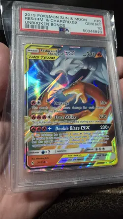 2019 POKEMON SUN & MOON UNBROKEN BONDS #20 RESHIRAM & CHARIZARD GX PSA 10 - Image 4