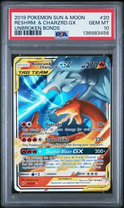 2019 POKEMON SUN & MOON UNBROKEN BONDS #20 RESHIRAM & CHARIZARD GX PSA 10 - Image 1