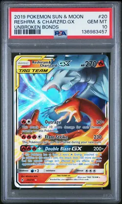 2019 POKEMON SUN & MOON UNBROKEN BONDS #20 RESHIRAM & CHARIZARD GX PSA 10 - Image 1
