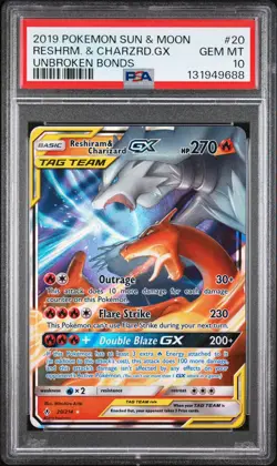 2019 POKEMON SUN & MOON UNBROKEN BONDS #20 RESHIRAM & CHARIZARD GX PSA 10 - Image 1