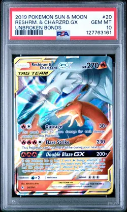 2019 POKEMON SUN & MOON UNBROKEN BONDS #20 RESHIRAM & CHARIZARD GX PSA 10 - Image 1