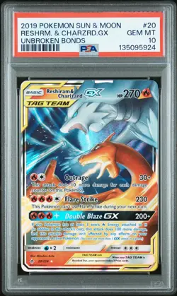 2019 POKEMON SUN & MOON UNBROKEN BONDS #20 RESHIRAM & CHARIZARD GX PSA 10 - Image 1