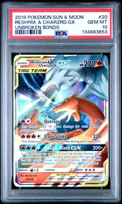2019 POKEMON SUN & MOON UNBROKEN BONDS #20 RESHIRAM & CHARIZARD GX PSA 10 - Image 1