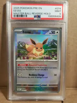 EEVEE MASTER BALL REVERSE HOLO PSA 9 2025 POKEMON PRE EN-PRISMATIC EVOLUTIONS - Image 1