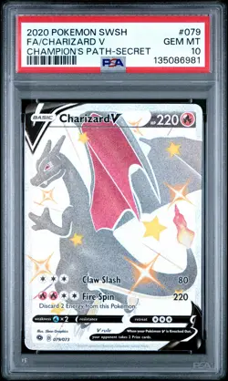 2020 POKEMON SWORD & SHIELD CHAMP'S PATH SECRET #079 FULL ART/CHARIZARD V PSA 10 - Image 1
