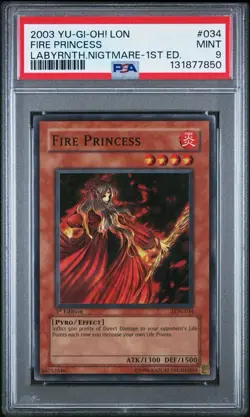 2003 Yu-Gi-Oh! Fire Princess Labyrinth of Nightmare LON 1st Ed Super Rare PSA 9 - Image 1