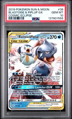 2019 Pokemon Sun & Moon Cosmic Eclipse Blastoise & Piplup GX #38 PSA 10 - Image 1