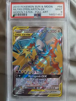 2019 POKEMON SM HIDDEN FATES 66/68 MOLTRES & ZAPDOS ARTICUNO TAG TEAM GX PSA 9 - Image 1