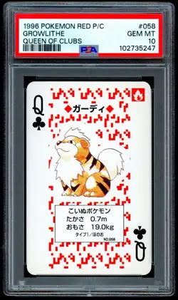Pokemon GROWLITHE Japanese RED Queen of Clubs POKER Card #058 - PSA 10 GEM MINT - Image 1