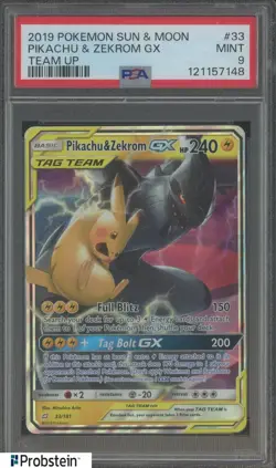 2019 Pokemon Sun & Moon Team Up #33 Pikachu & Zekrom GX PSA 9 MINT - Image 1