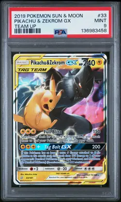2019 POKEMON SUN & MOON TEAM UP #33 PIKACHU & ZEKROM GX PSA 9 - Image 1