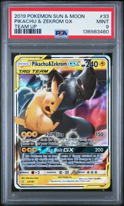 2019 POKEMON SUN & MOON TEAM UP #33 PIKACHU & ZEKROM GX PSA 9 - Image 1