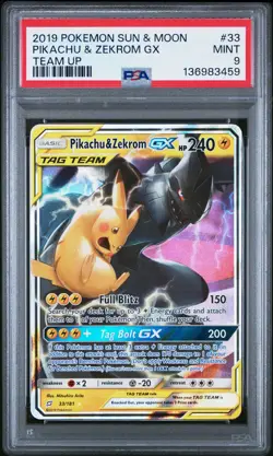 2019 POKEMON SUN & MOON TEAM UP #33 PIKACHU & ZEKROM GX PSA 9 - Image 1