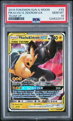 2019 POKEMON SUN & MOON TEAM UP #33 PIKACHU & ZEKROM GX PSA 10 - Image 1